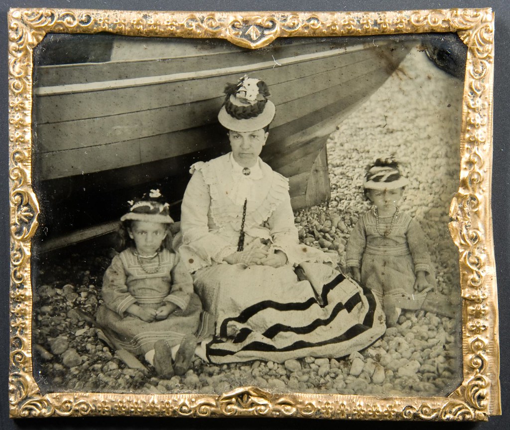 Mother and her two children on the beach. 1870s outdoor ambrotype.